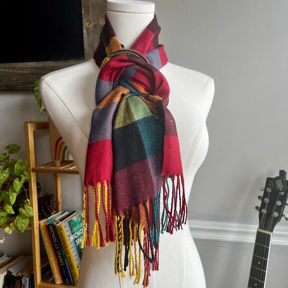 Vintage Y2K Rainbow Block Plaid Cashmere Fringe Scarf - Picture 1 of 4